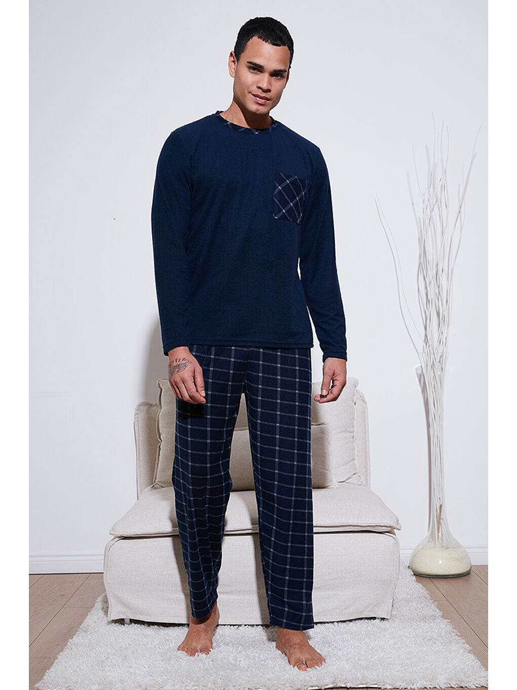 Lacivert Kareli Yumuşak Dokulu Regular Fit Uzun Kollu Pijama Takımı 609611060