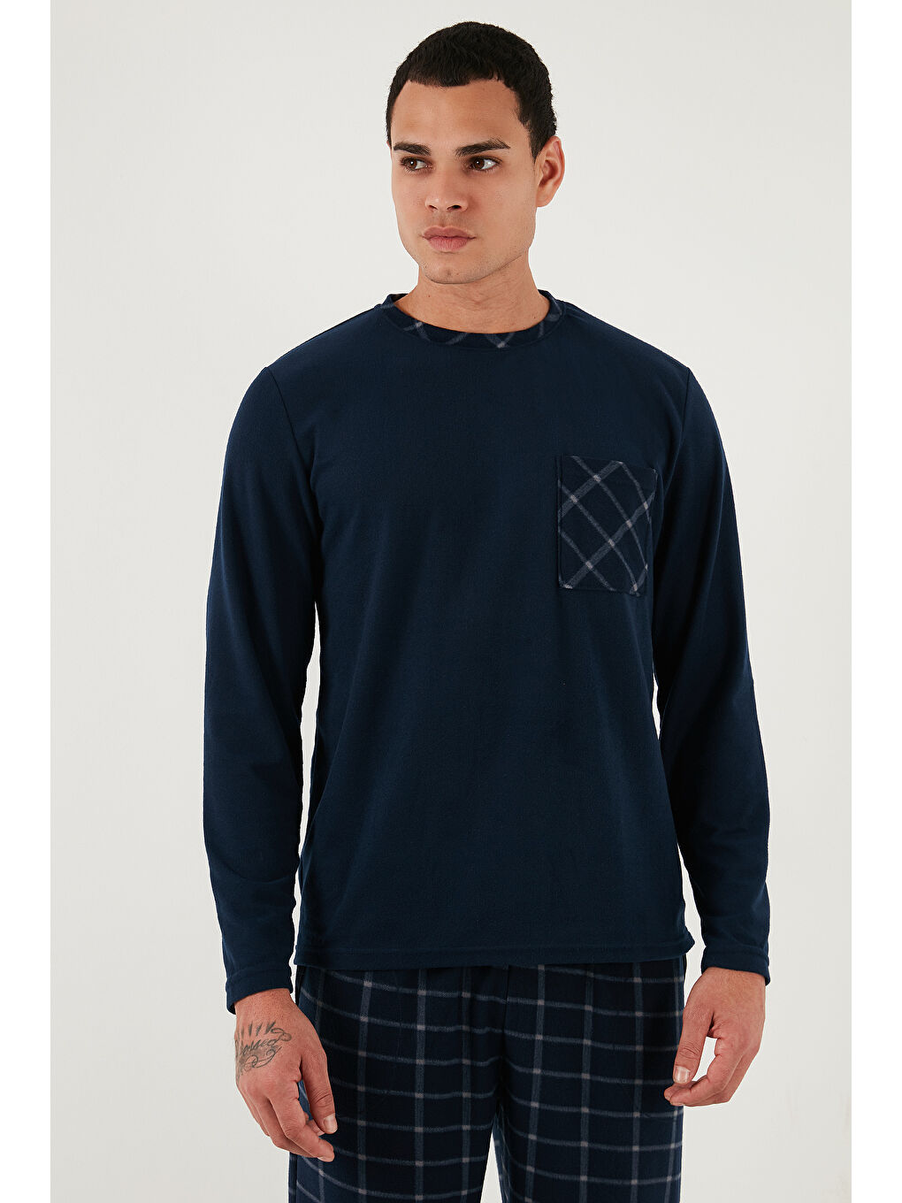 Lacivert Kareli Yumuşak Dokulu Regular Fit Uzun Kollu Pijama Takımı 609611060-1