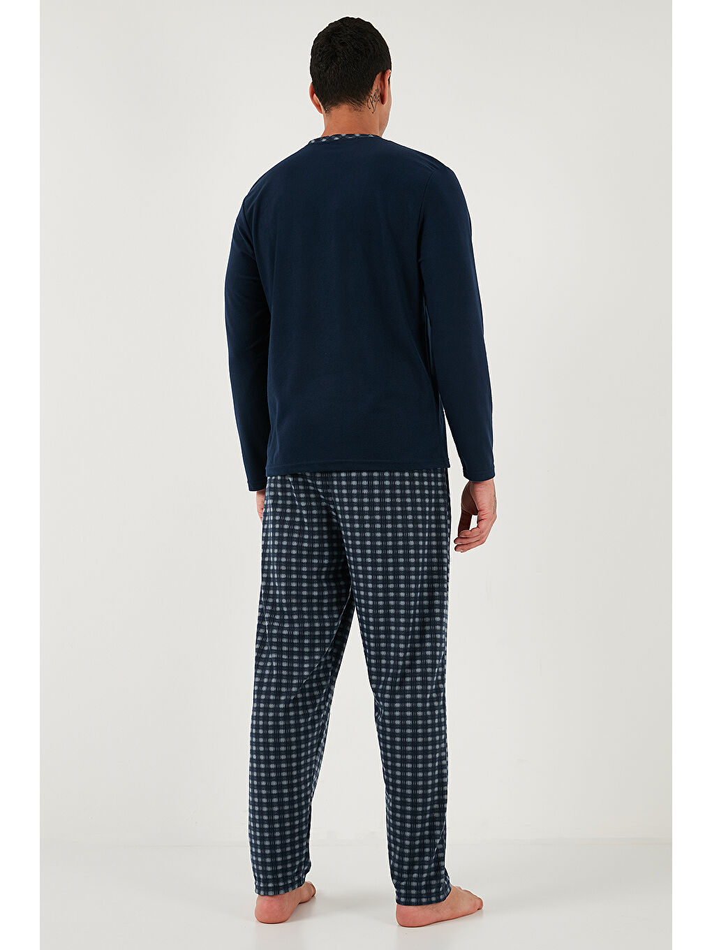 Lacivert Kareli Yumuşak Dokulu Regular Fit Uzun Kollu Pijama Takımı 609611060-6