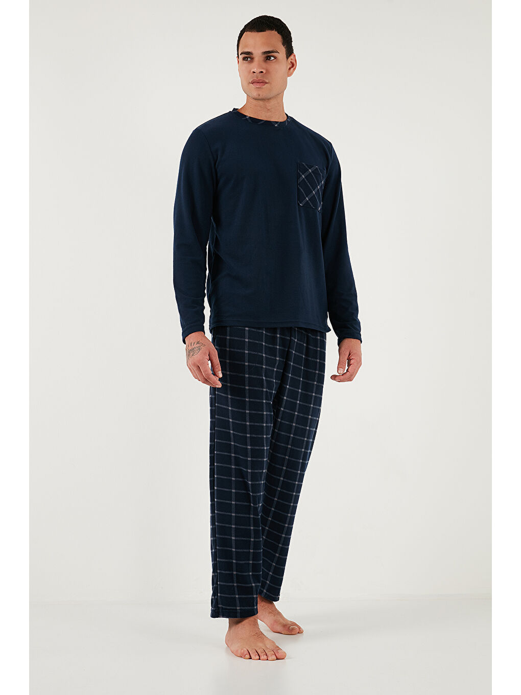 Lacivert Kareli Yumuşak Dokulu Regular Fit Uzun Kollu Pijama Takımı 609611060-3