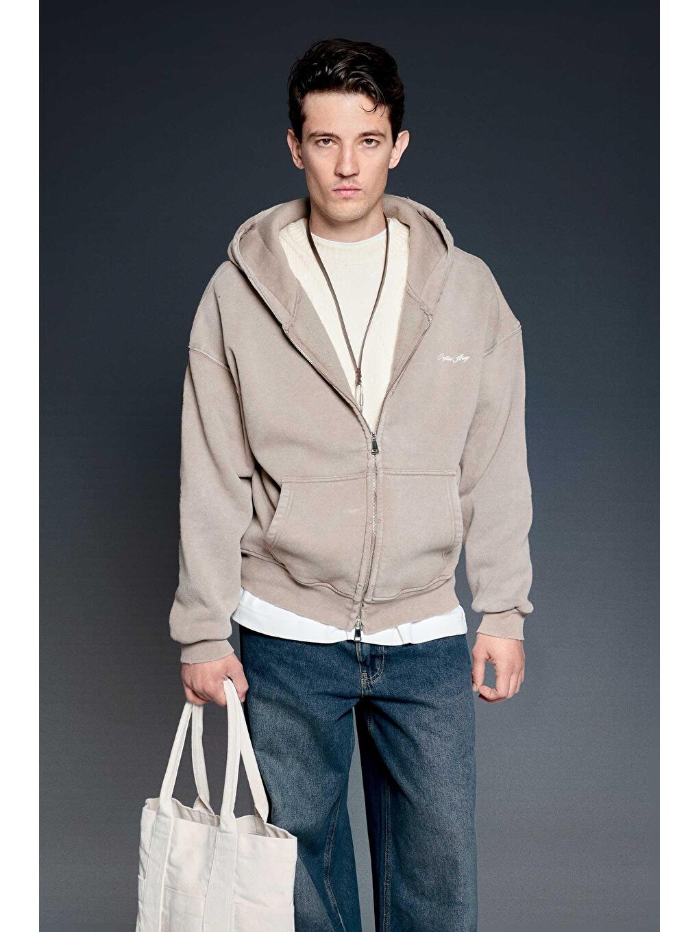 Erkek Relax Fit Yıkamalı Kapüşonlu Sweatshirt Koyu Bej-1