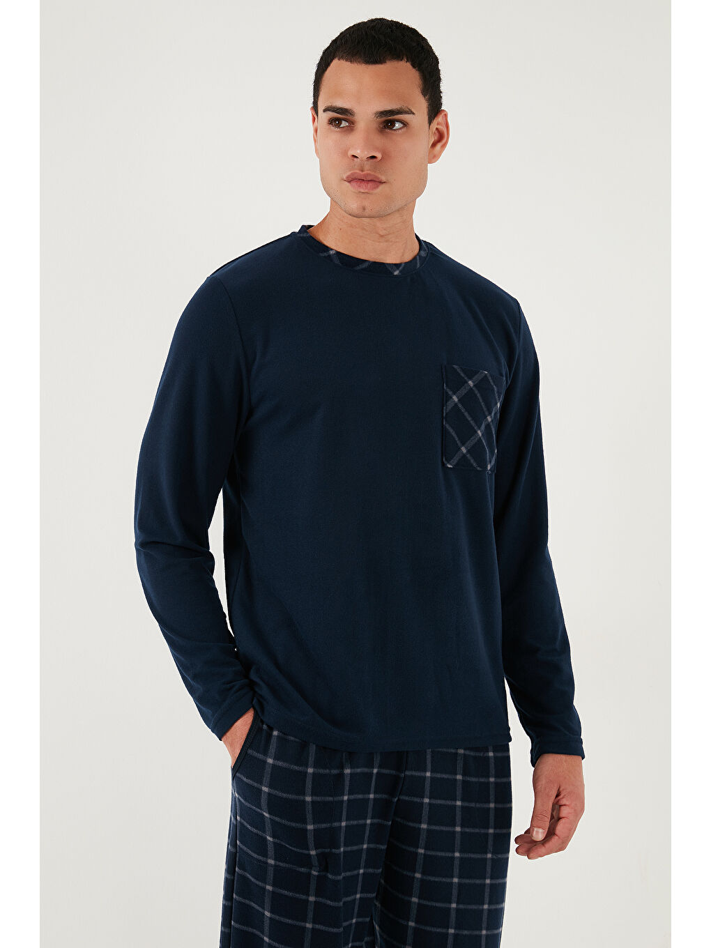 Lacivert Kareli Yumuşak Dokulu Regular Fit Uzun Kollu Pijama Takımı 609611060-5