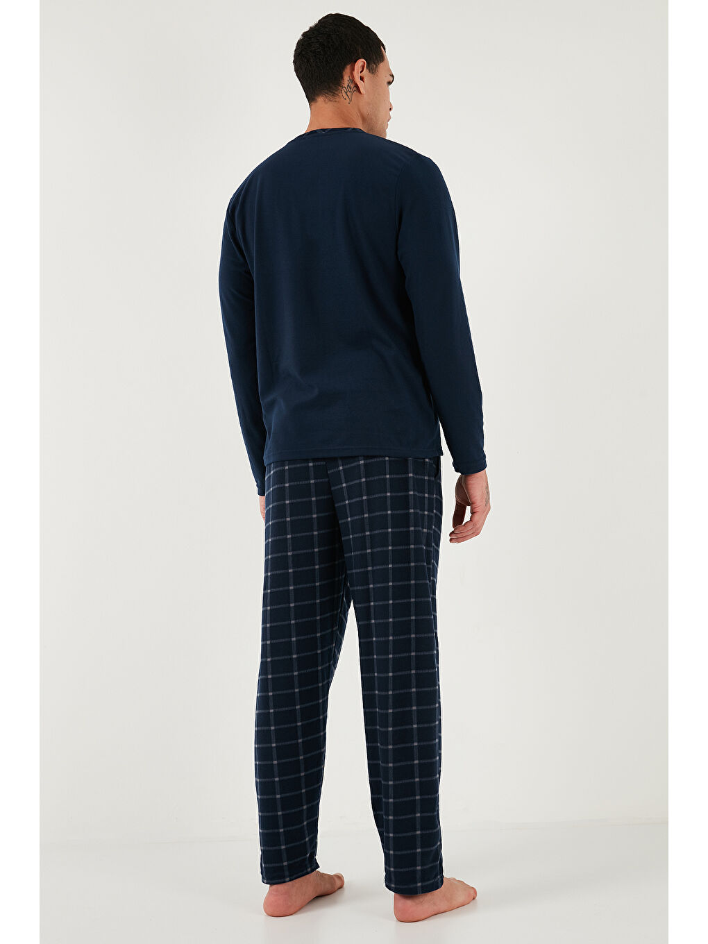 Lacivert Kareli Yumuşak Dokulu Regular Fit Uzun Kollu Pijama Takımı 609611060-6