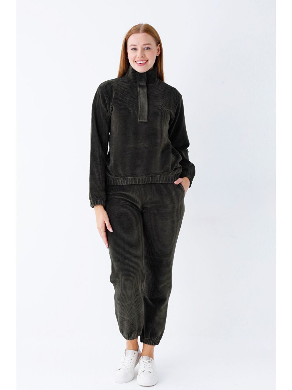 Haki kadın haki uzun kollu cepli yakası fermuarlı pamuklu kadife Elastanlı alt üst eşofman takımı-2