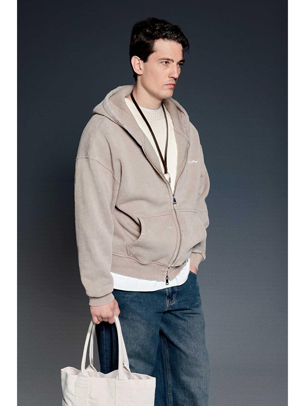 Erkek Relax Fit Yıkamalı Kapüşonlu Sweatshirt Koyu Bej-2