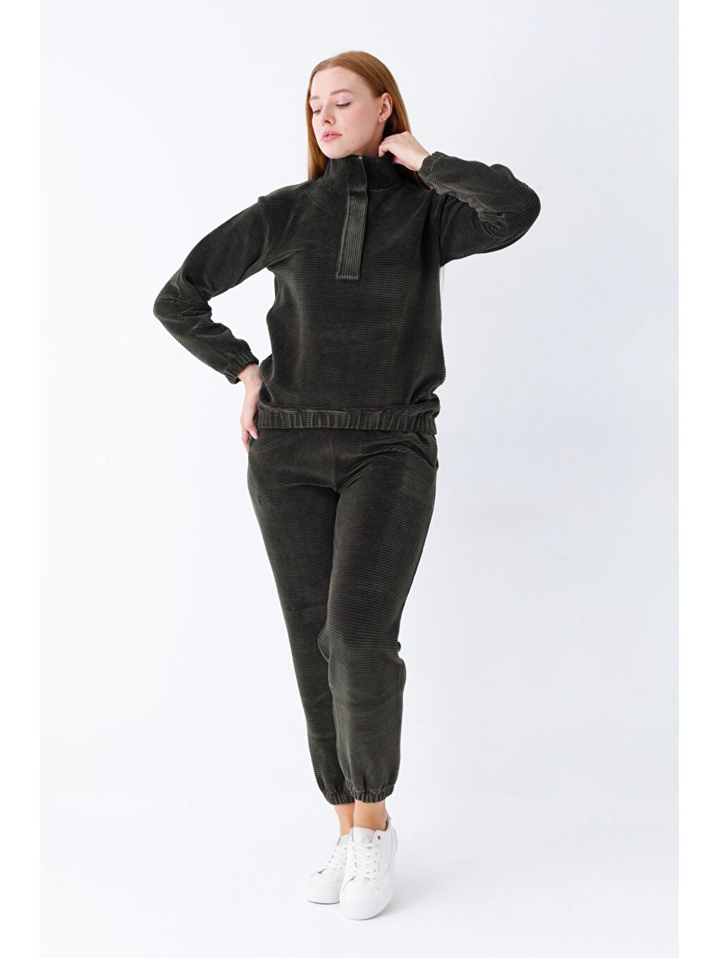 Haki kadın haki uzun kollu cepli yakası fermuarlı pamuklu kadife Elastanlı alt üst eşofman takımı-3