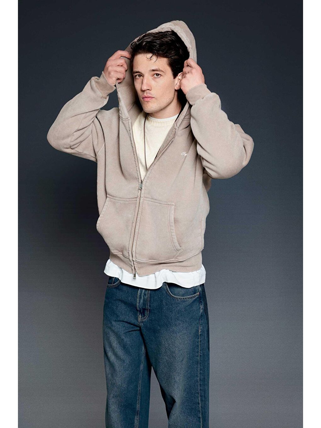Erkek Relax Fit Yıkamalı Kapüşonlu Sweatshirt Koyu Bej-3