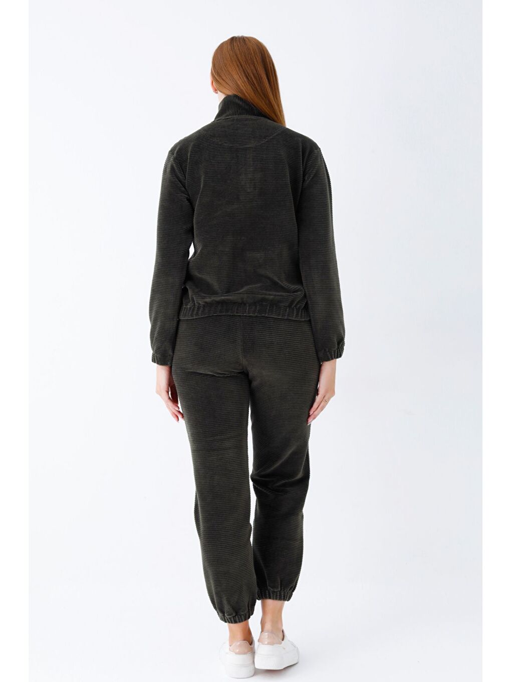 Haki kadın haki uzun kollu cepli yakası fermuarlı pamuklu kadife Elastanlı alt üst eşofman takımı-4