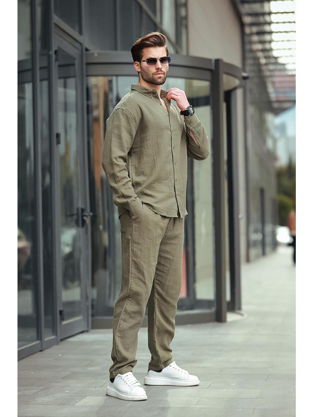 Haki Gömlek Pantolon Erkek İkili Takım E7322-1