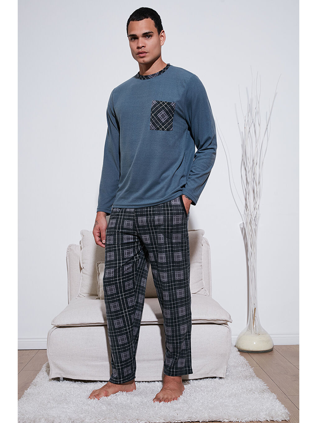 Gri Kareli Yumuşak Dokulu Regular Fit Uzun Kollu Pijama Takımı 609611060