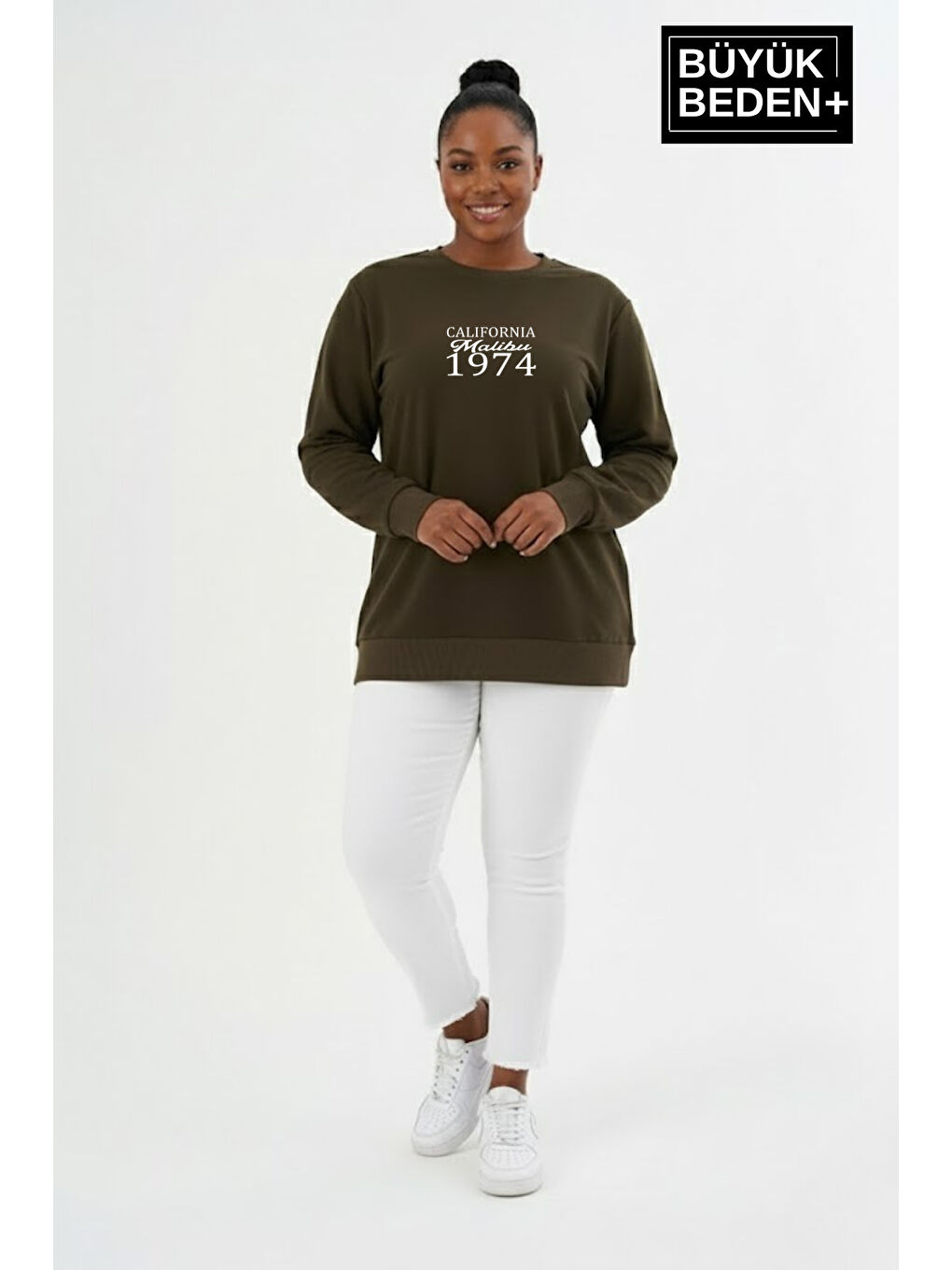 Haki Kadın Büyük Beden California 1974 Baskılı Bisilet Yaka İnce Sweatshirt SPR26BSWK956-2