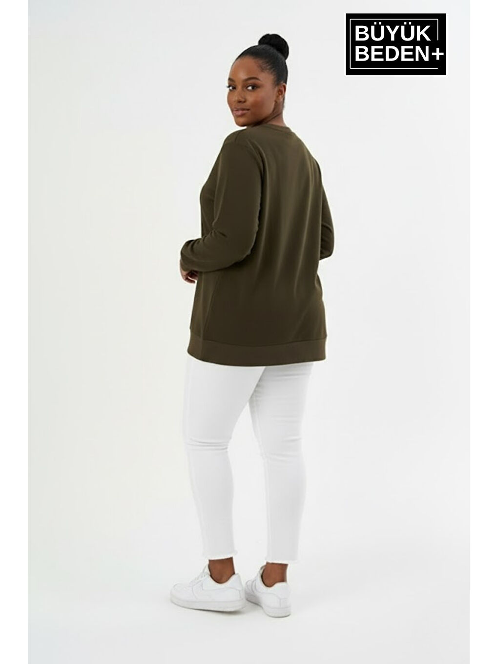 Haki Kadın Büyük Beden California 1974 Baskılı Bisilet Yaka İnce Sweatshirt SPR26BSWK956-2-1