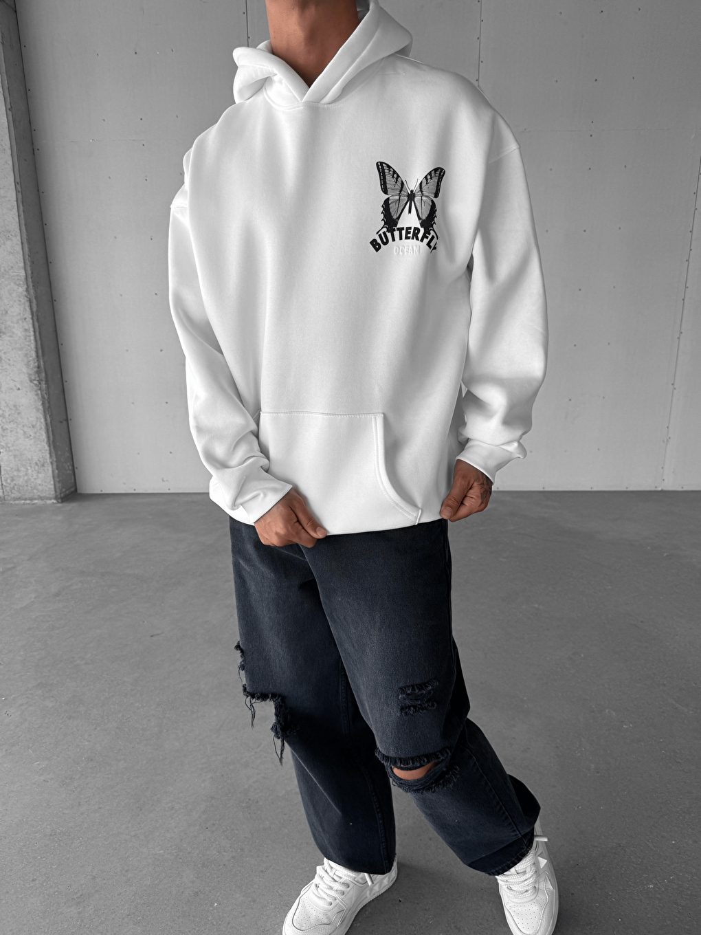 Erkek Oversize Kapüşonlu 2'Li Hoodie Gri-Beyaz-1