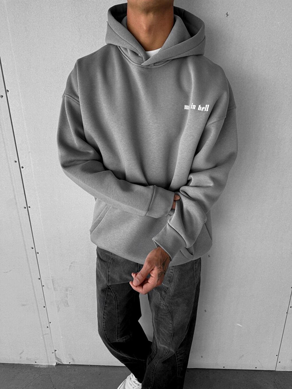 Erkek Oversize Kapüşonlu 2'Li Hoodie Gri-Beyaz-3