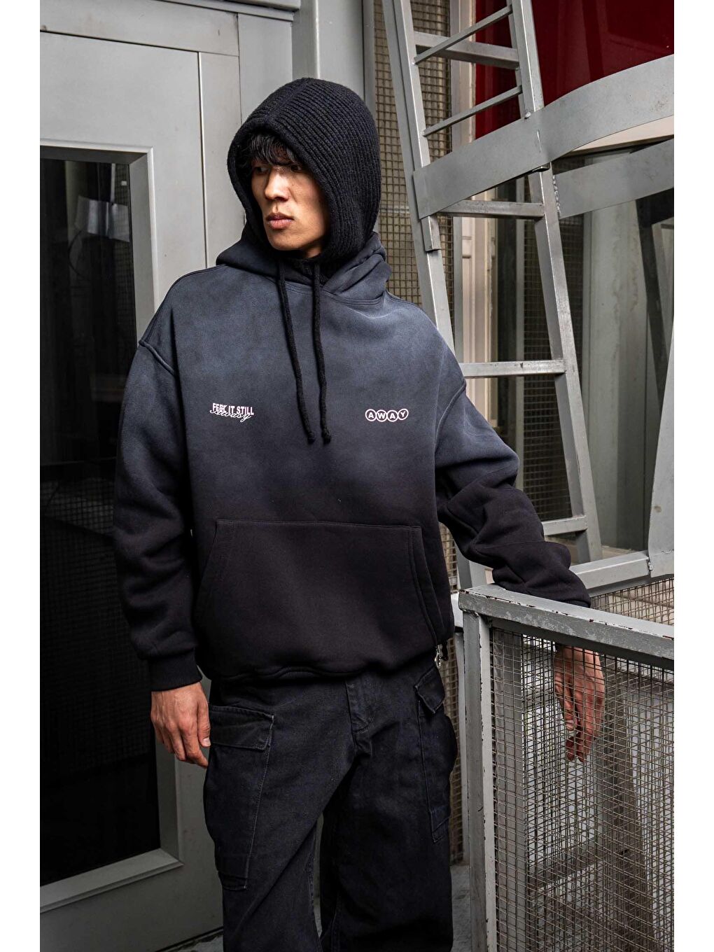 Erkek Oversize Baskılı Yıkamalı Kapüşonlu Hoodie Siyah