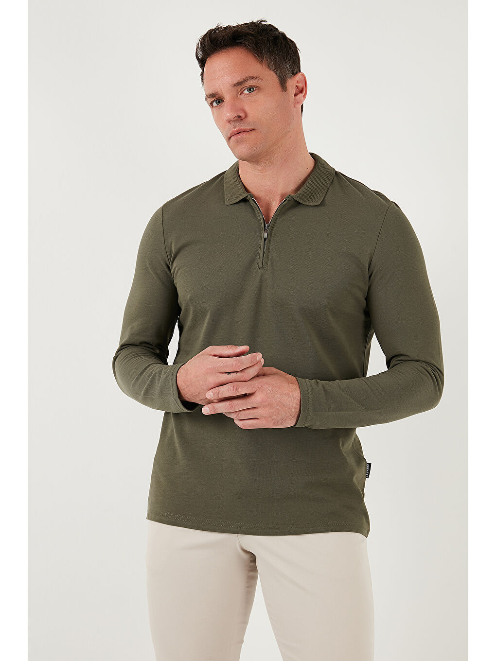 Haki Pamuklu Slim Fit Yarım Fermuarlı Polo Yaka Erkek Sweat 5903010