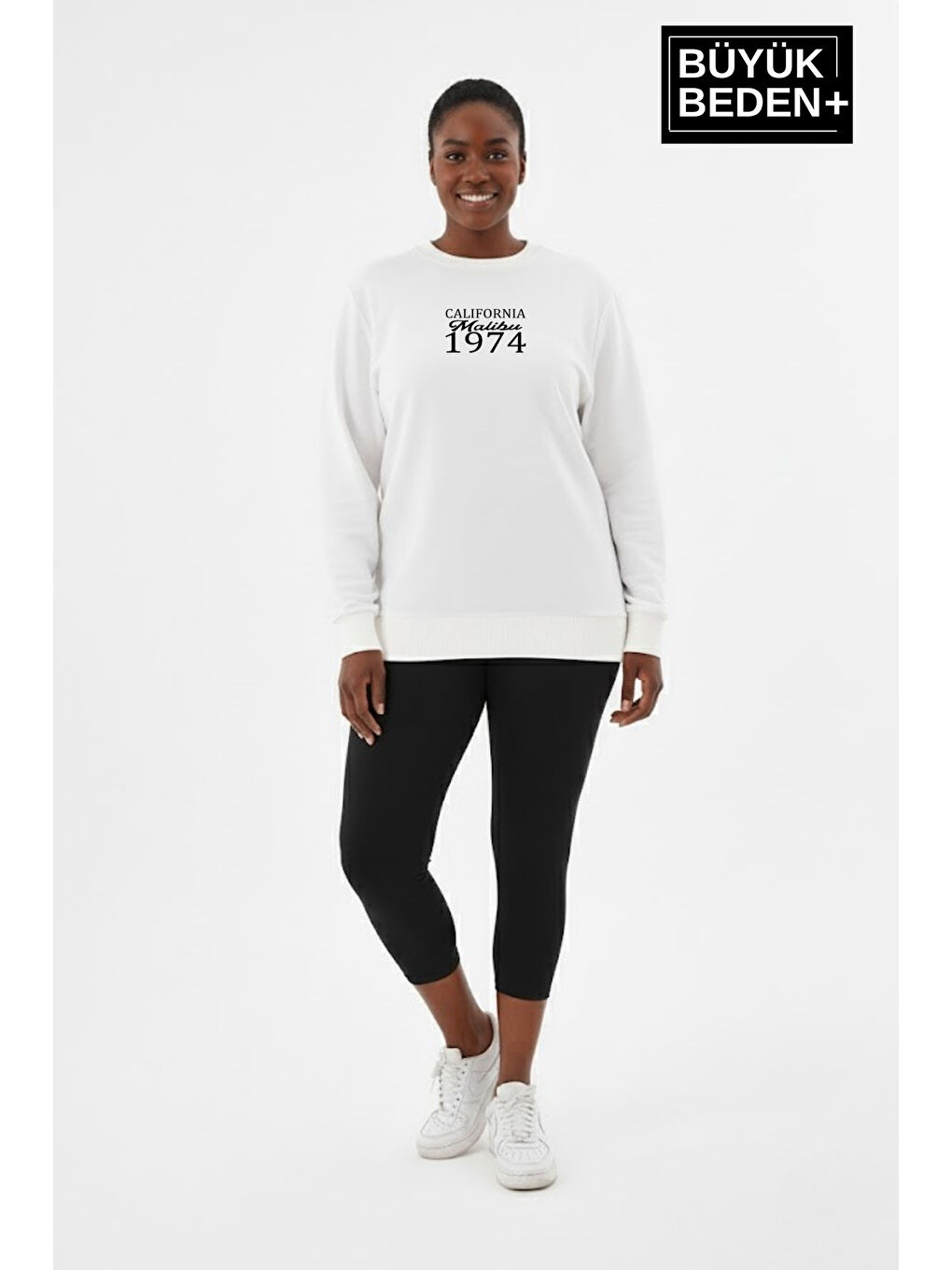 Ekru Kadın Büyük Beden California 1974 Baskılı Bisilet Yaka İnce Sweatshirt SPR26BSWK956-2