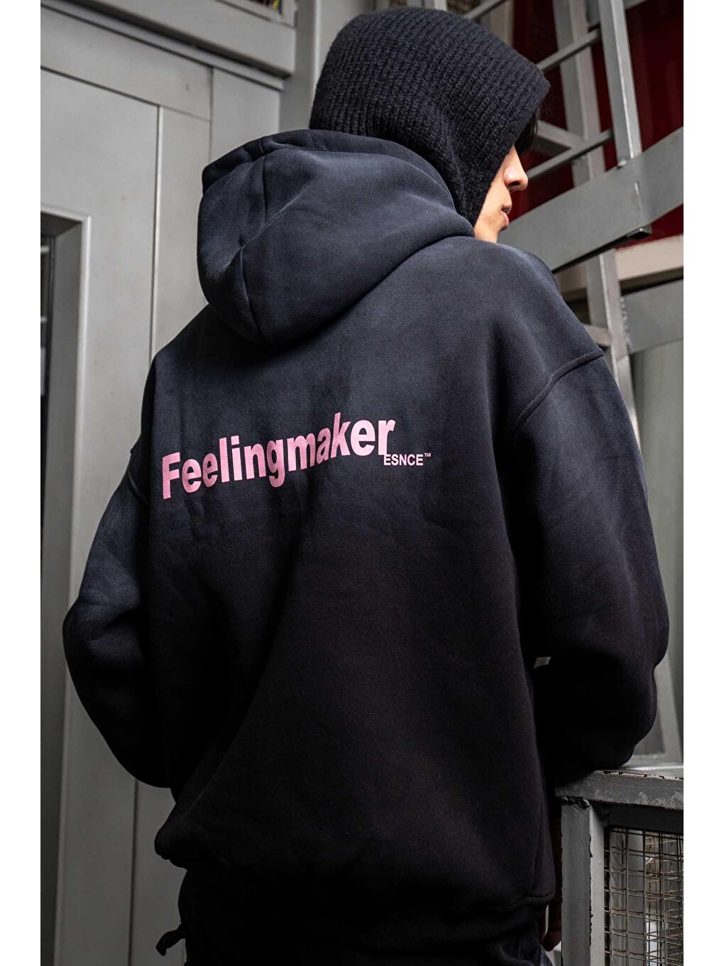 Erkek Oversize Baskılı Yıkamalı Kapüşonlu Hoodie Siyah-1