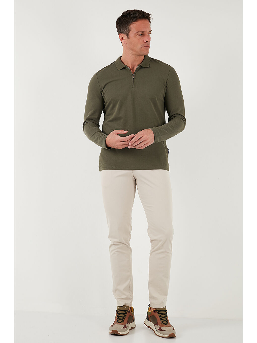 Haki Pamuklu Slim Fit Yarım Fermuarlı Polo Yaka Erkek Sweat 5903010-1