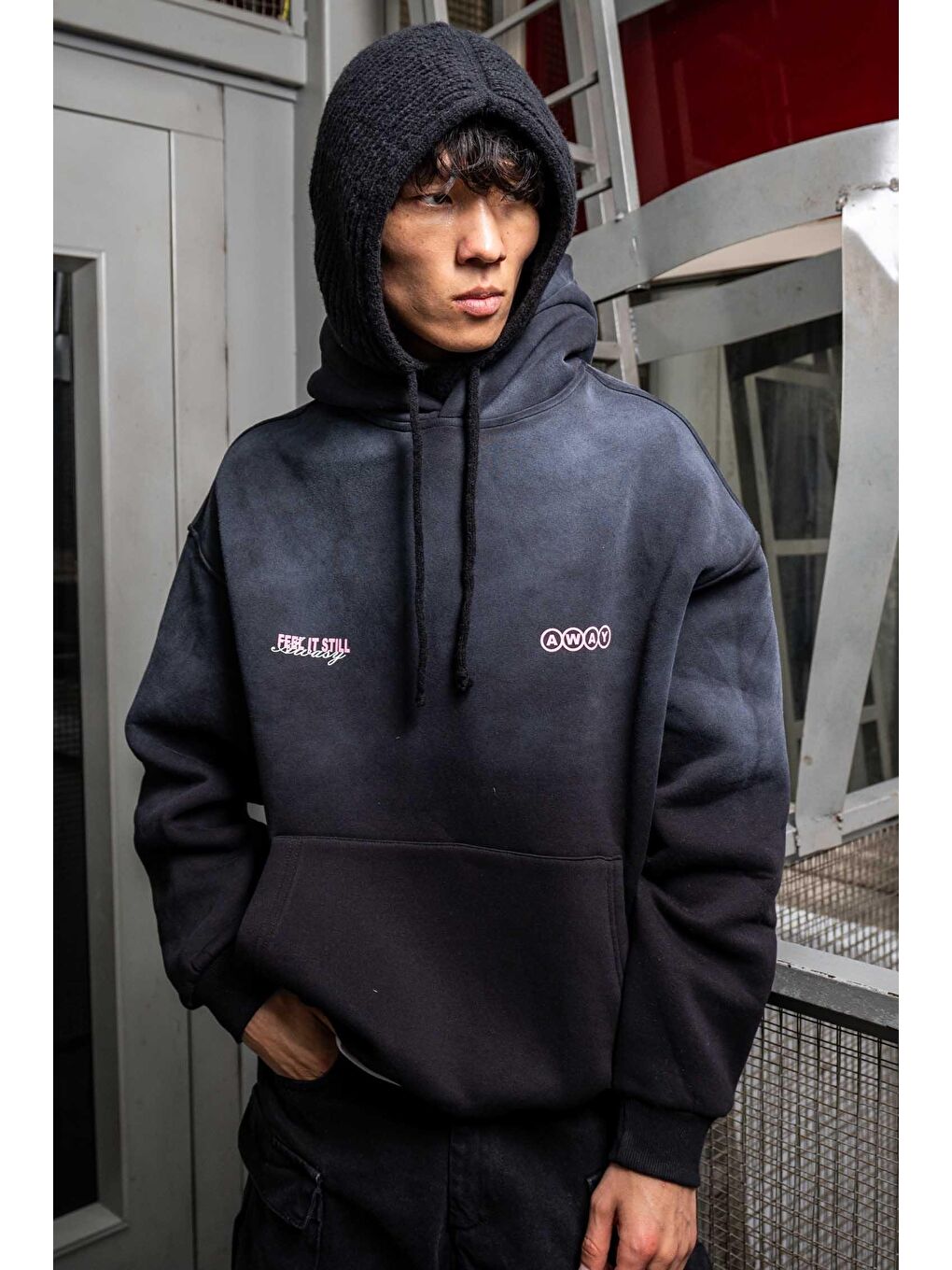 Erkek Oversize Baskılı Yıkamalı Kapüşonlu Hoodie Siyah-2