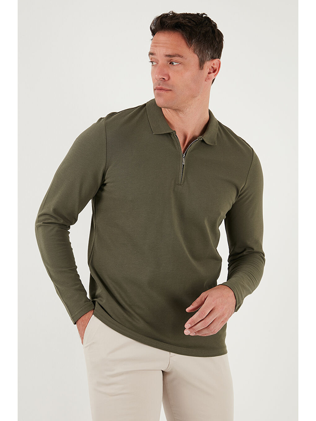 Haki Pamuklu Slim Fit Yarım Fermuarlı Polo Yaka Erkek Sweat 5903010-2