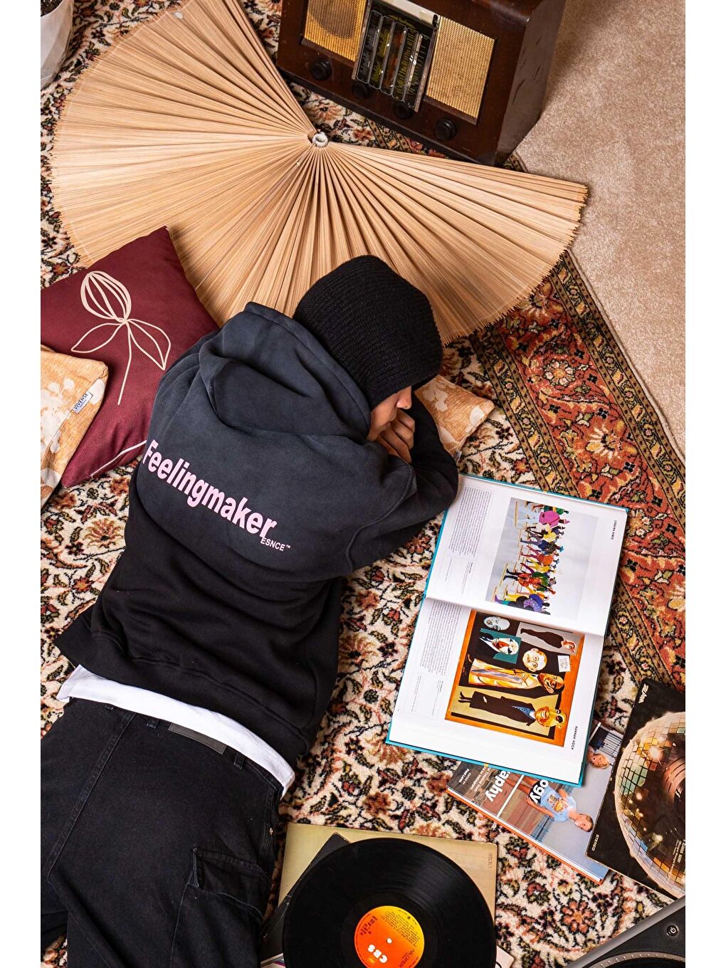 Erkek Oversize Baskılı Yıkamalı Kapüşonlu Hoodie Siyah-4