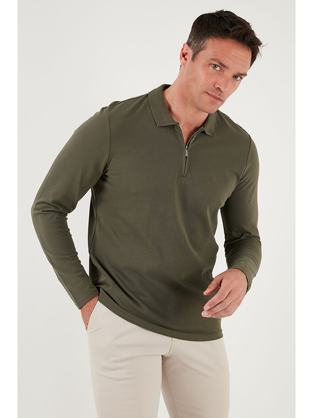 Haki Pamuklu Slim Fit Yarım Fermuarlı Polo Yaka Erkek Sweat 5903010-3