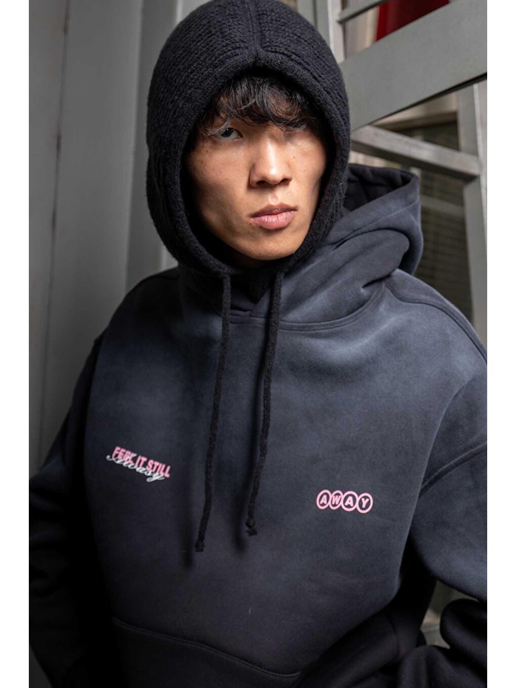 Erkek Oversize Baskılı Yıkamalı Kapüşonlu Hoodie Siyah-5