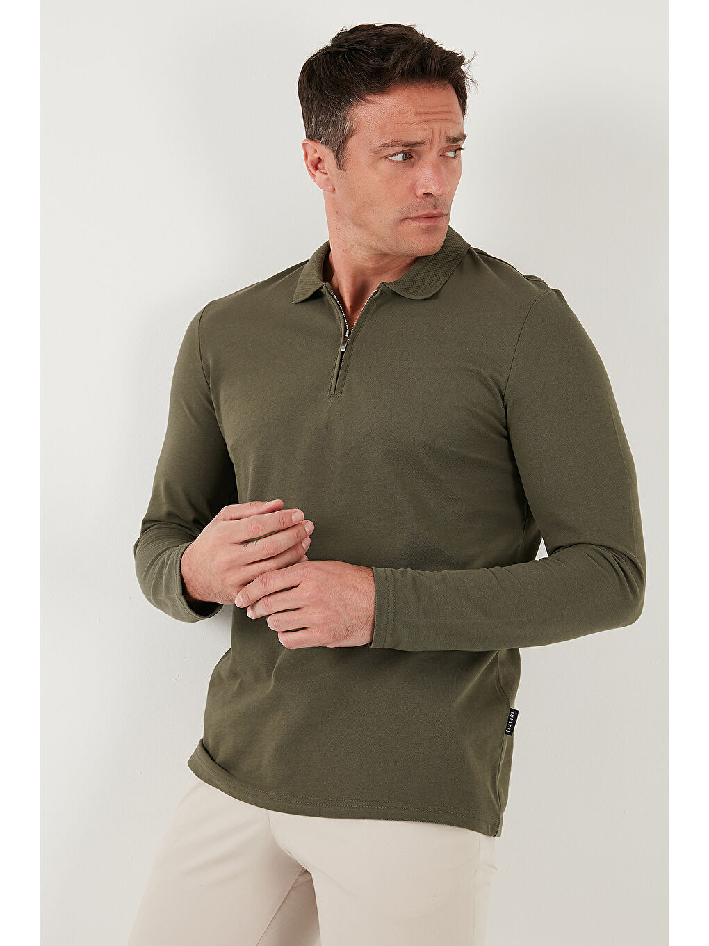 Haki Pamuklu Slim Fit Yarım Fermuarlı Polo Yaka Erkek Sweat 5903010-4