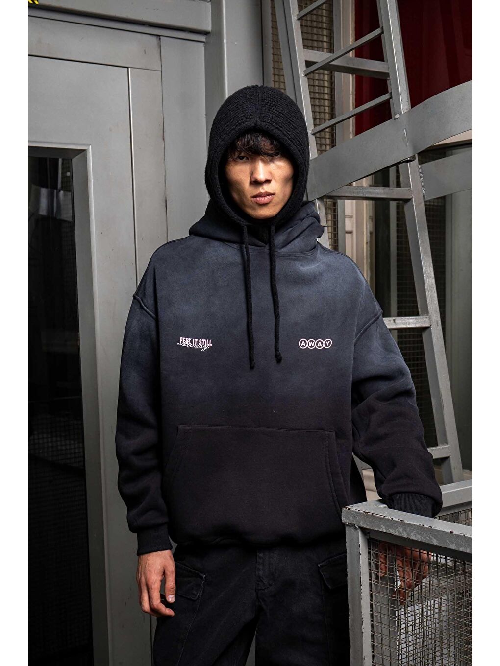 Erkek Oversize Baskılı Yıkamalı Kapüşonlu Hoodie Siyah-6