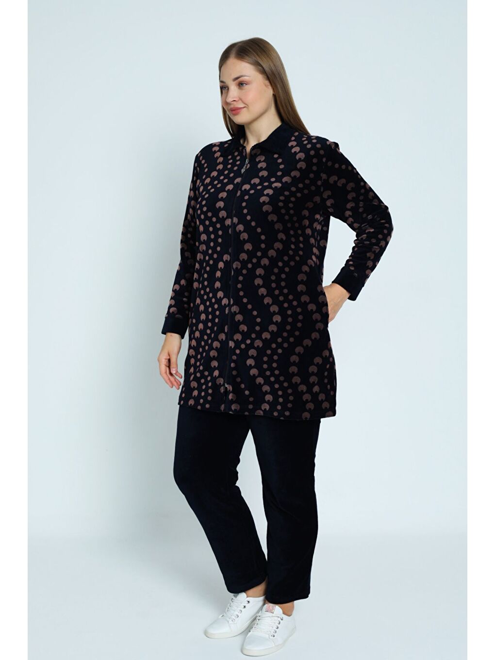 Lacivert lacivert desenli fermuarlı pamuklu kadife kadın büyük beden alt üst takım