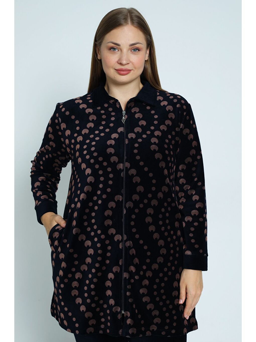 Lacivert lacivert desenli fermuarlı pamuklu kadife kadın büyük beden alt üst takım-1