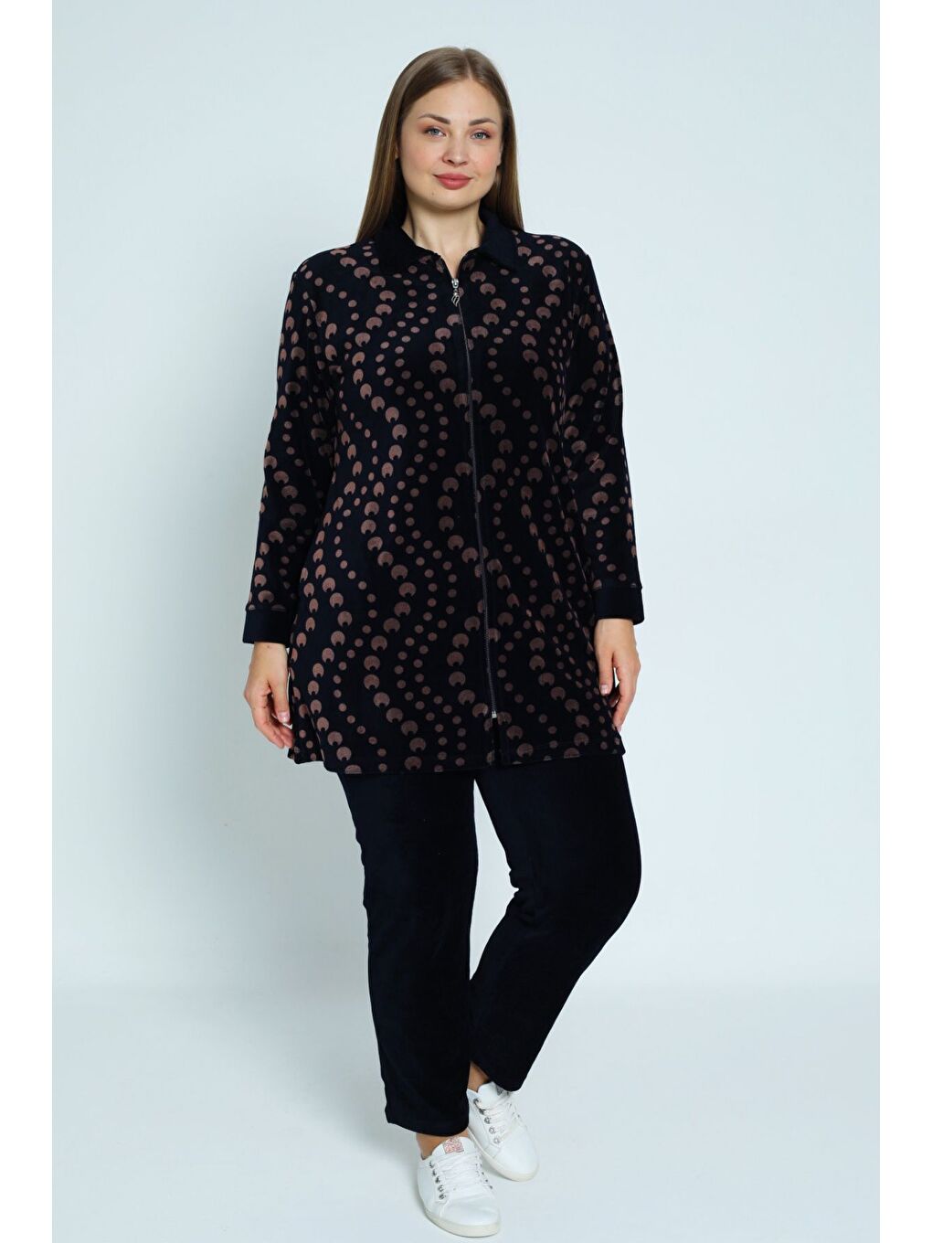 Lacivert lacivert desenli fermuarlı pamuklu kadife kadın büyük beden alt üst takım-2