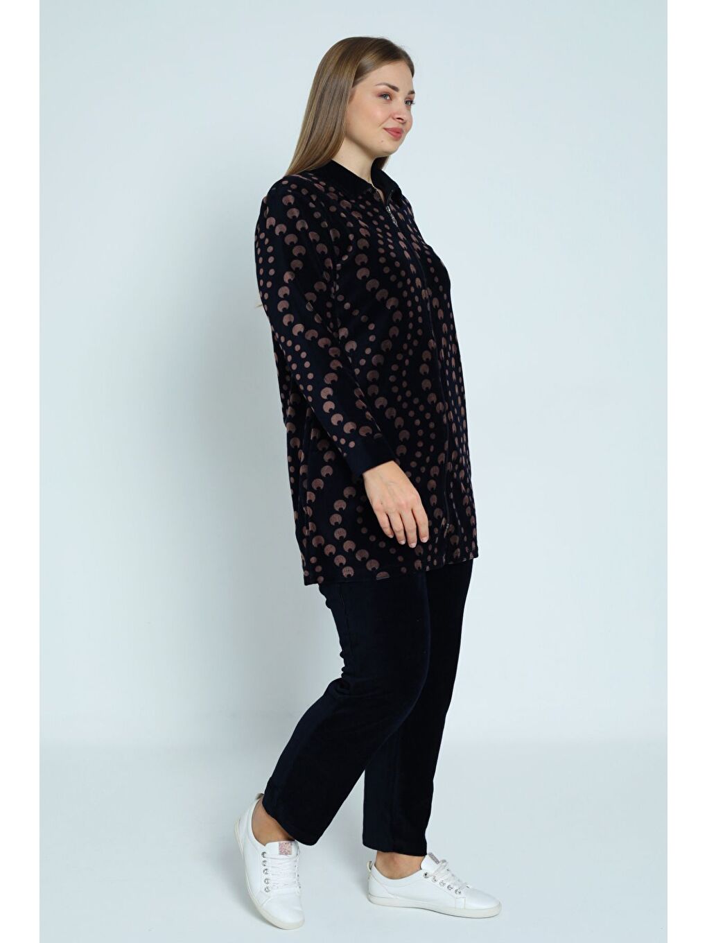 Lacivert lacivert desenli fermuarlı pamuklu kadife kadın büyük beden alt üst takım-3