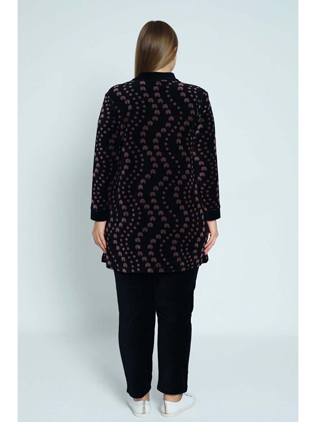 Lacivert lacivert desenli fermuarlı pamuklu kadife kadın büyük beden alt üst takım-4