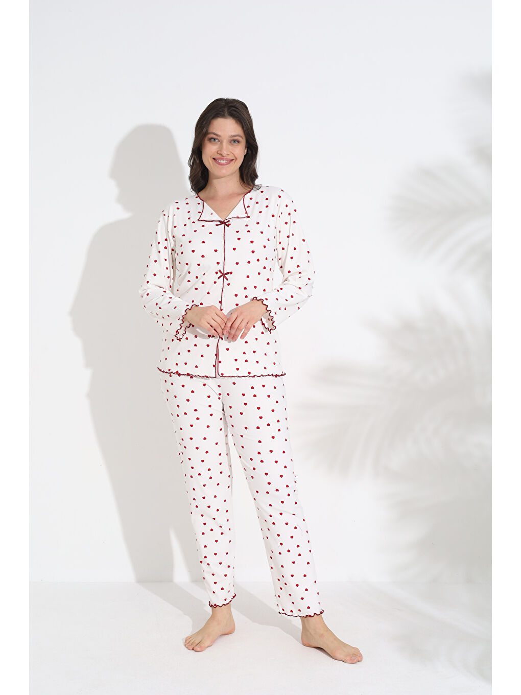 Beyaz Fiyonk Detaylı Soft Kumaş Uzun Kollu Kadın Pijama Takımı 465-1