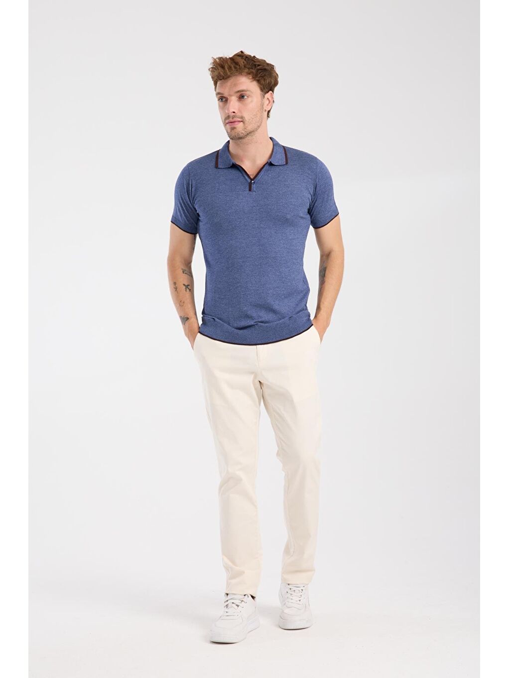 Aclub Delta Örme Kumaş Viskon Karışımlı Slim Fit İndigo Polo Yaka Erkek Düz Polo Shirt-1