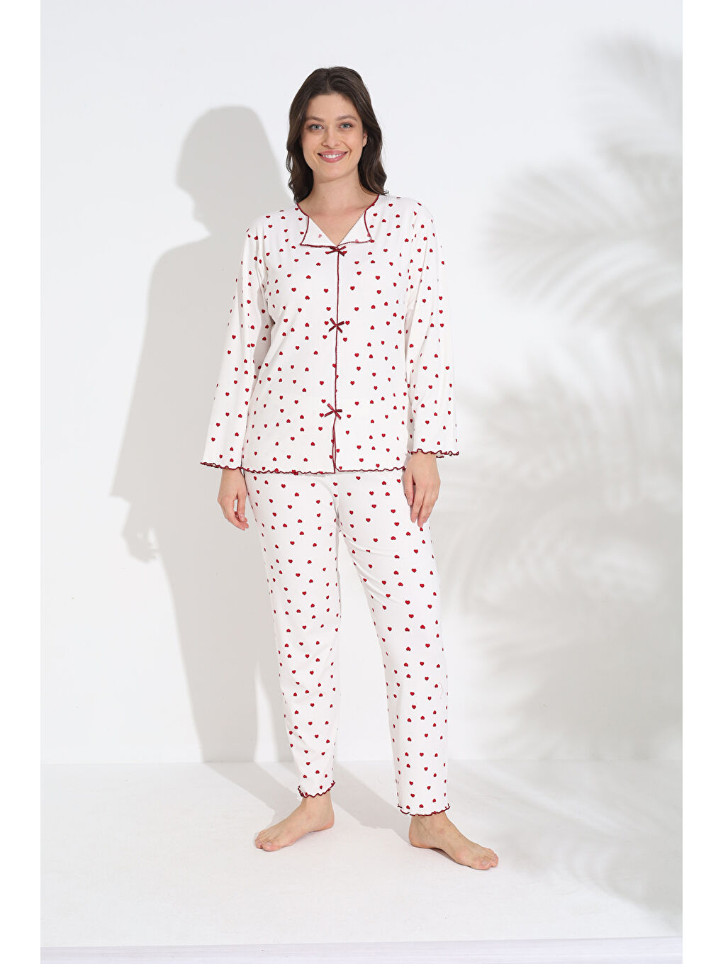 Beyaz Fiyonk Detaylı Soft Kumaş Uzun Kollu Kadın Pijama Takımı 465-3