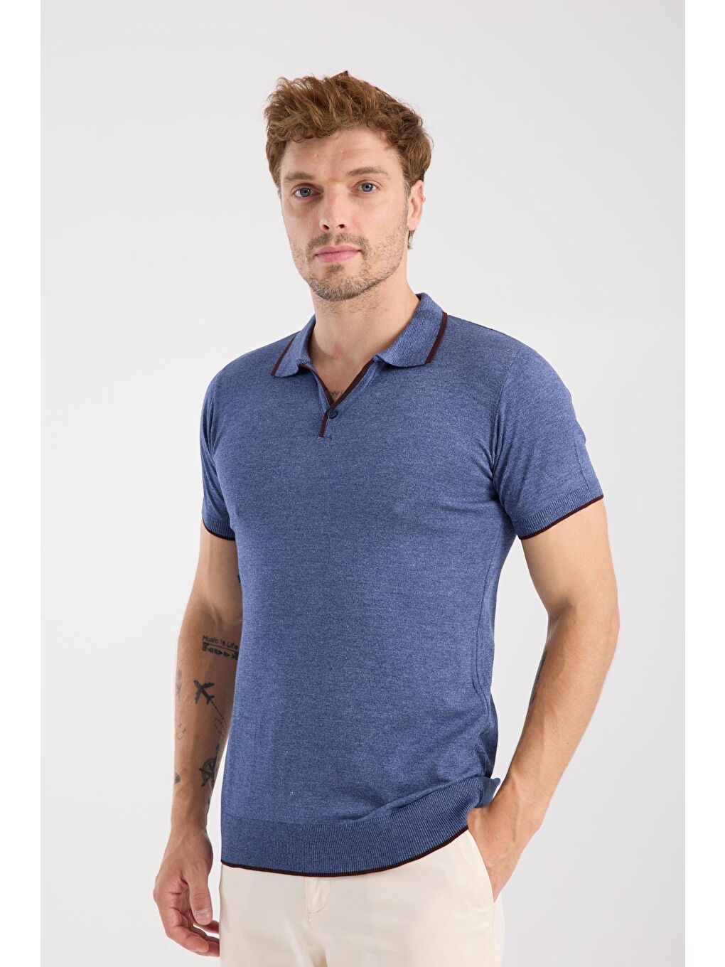 Aclub Delta Örme Kumaş Viskon Karışımlı Slim Fit İndigo Polo Yaka Erkek Düz Polo Shirt-2