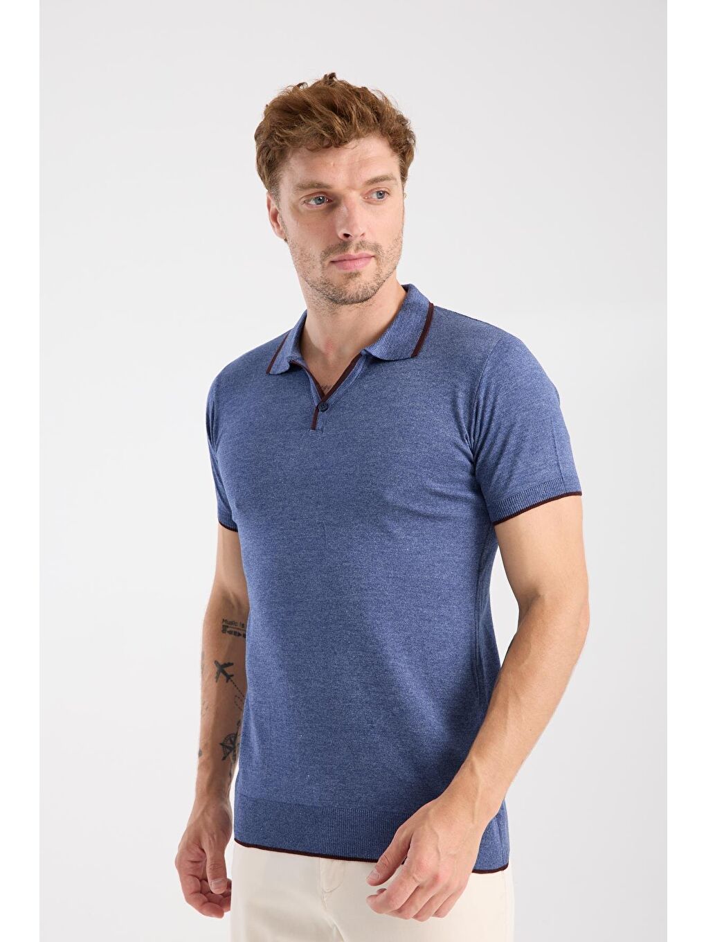 Aclub Delta Örme Kumaş Viskon Karışımlı Slim Fit İndigo Polo Yaka Erkek Düz Polo Shirt-3