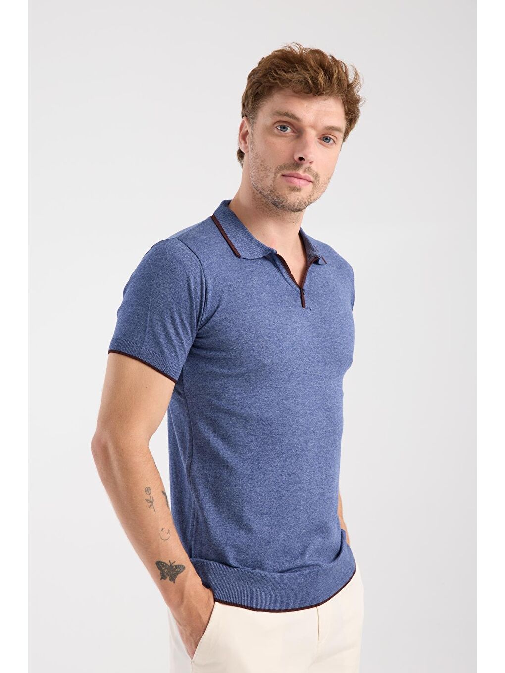 Aclub Delta Örme Kumaş Viskon Karışımlı Slim Fit İndigo Polo Yaka Erkek Düz Polo Shirt-4