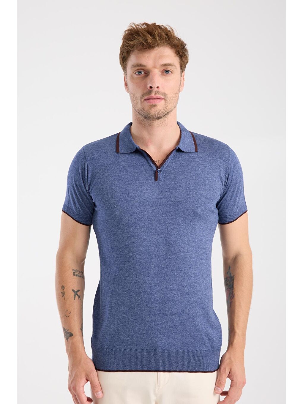 Aclub Delta Örme Kumaş Viskon Karışımlı Slim Fit İndigo Polo Yaka Erkek Düz Polo Shirt-5