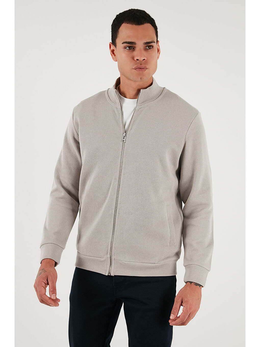 Bej Pamuklu Relaxed Fit Dik Yaka Fermuarlı Hırka 5901075-4