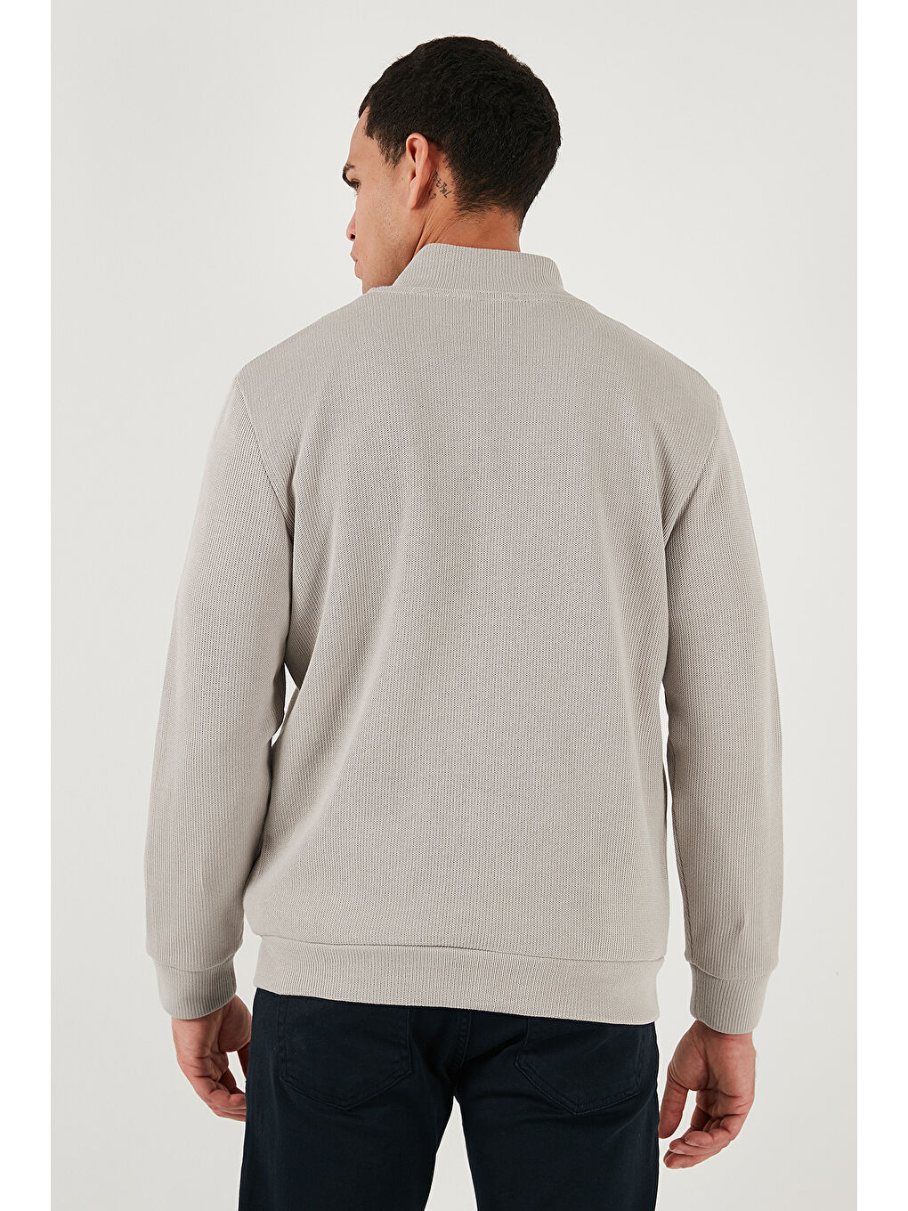 Bej Pamuklu Relaxed Fit Dik Yaka Fermuarlı Hırka 5901075-5