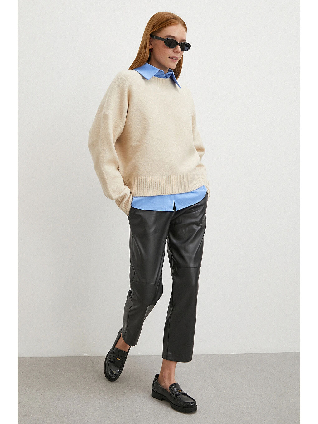 Kemerli Lastikli Deri Pantolon Siyah-1