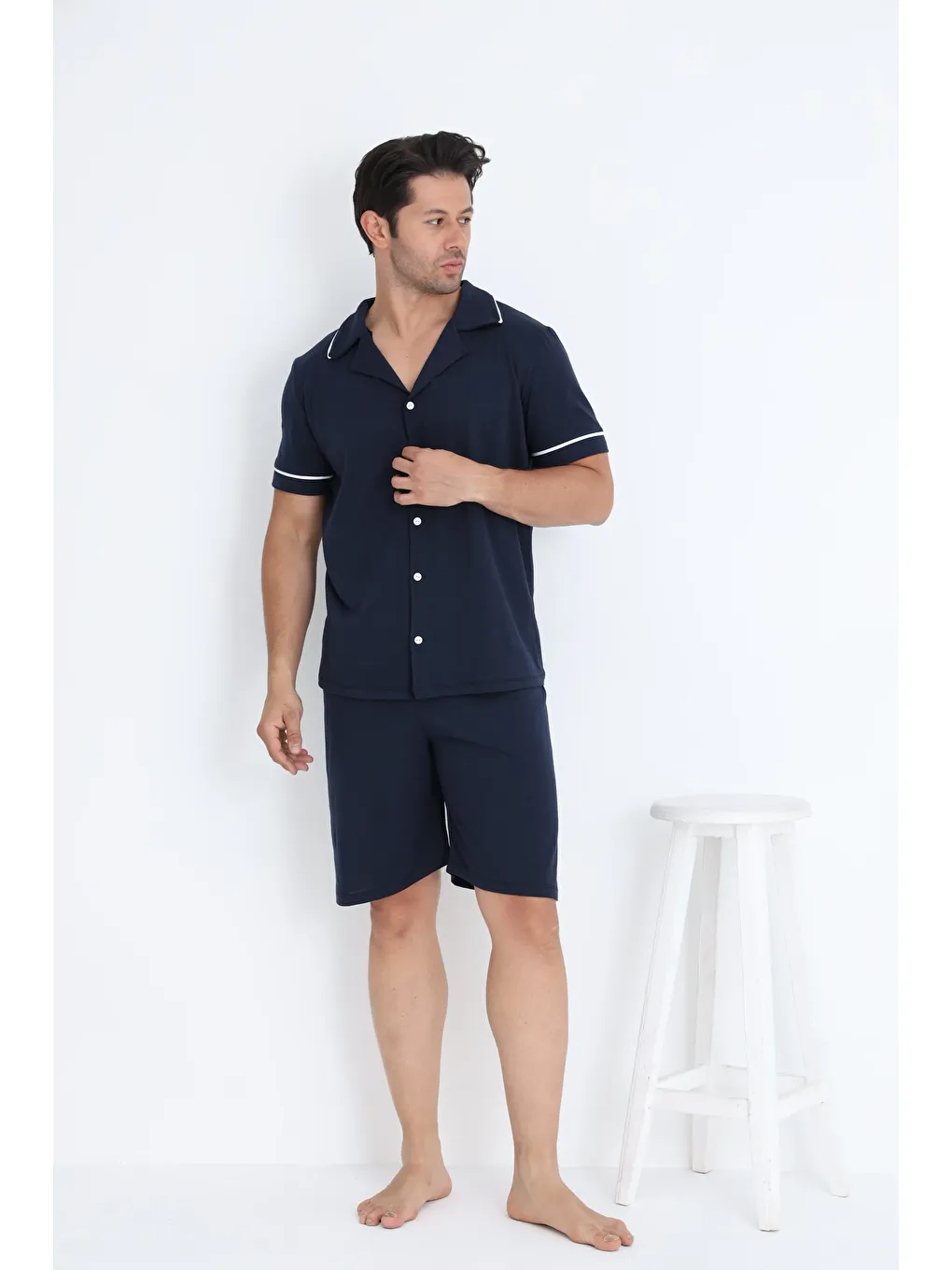 Lacivert Erkek Kısa Kol Düğmeli %100 Pamuk Şortlu Pijama Takımı 7500-Ş-1