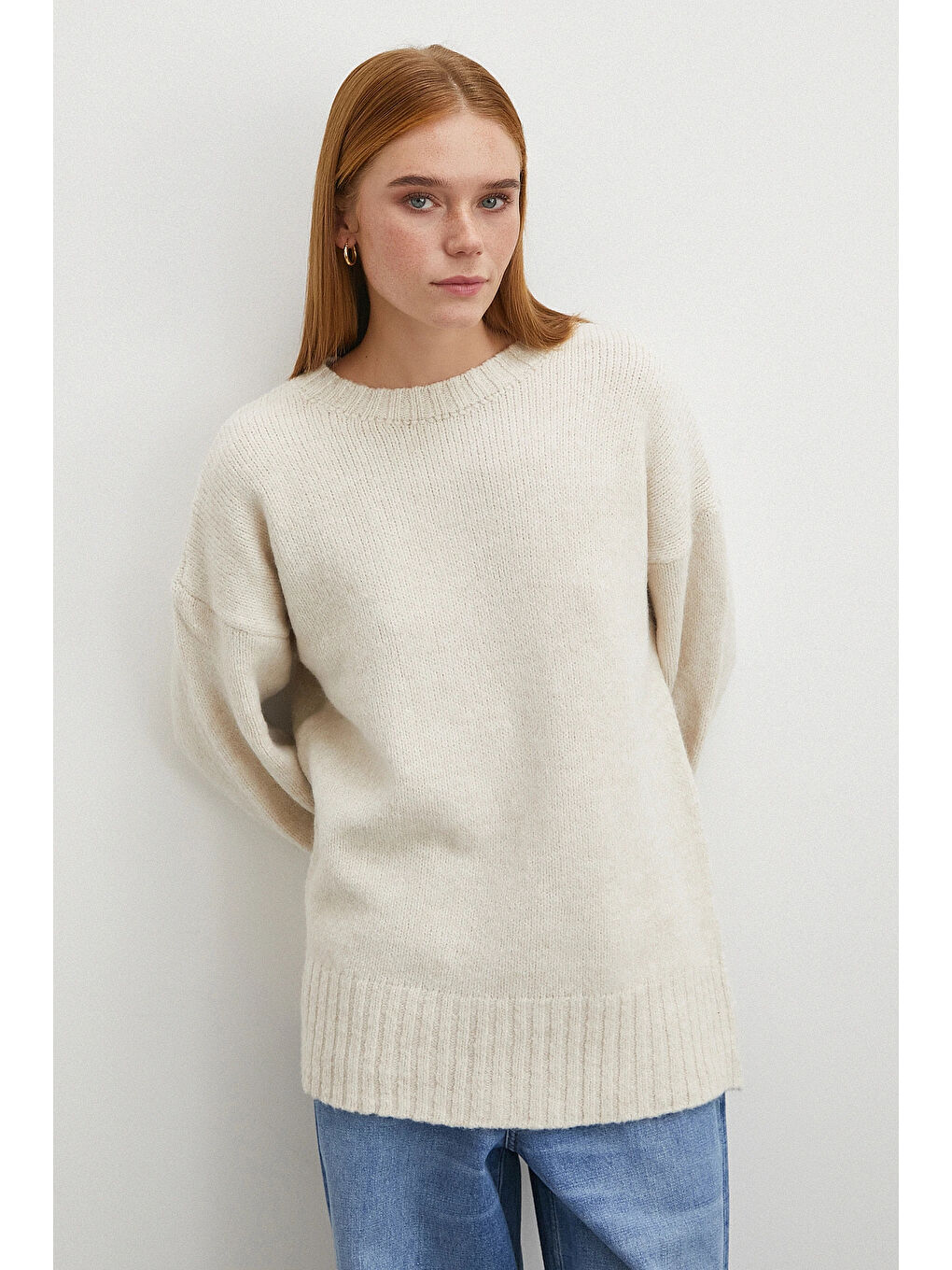 Bisiklet Yaka Fitilli Triko Kazak Ekru