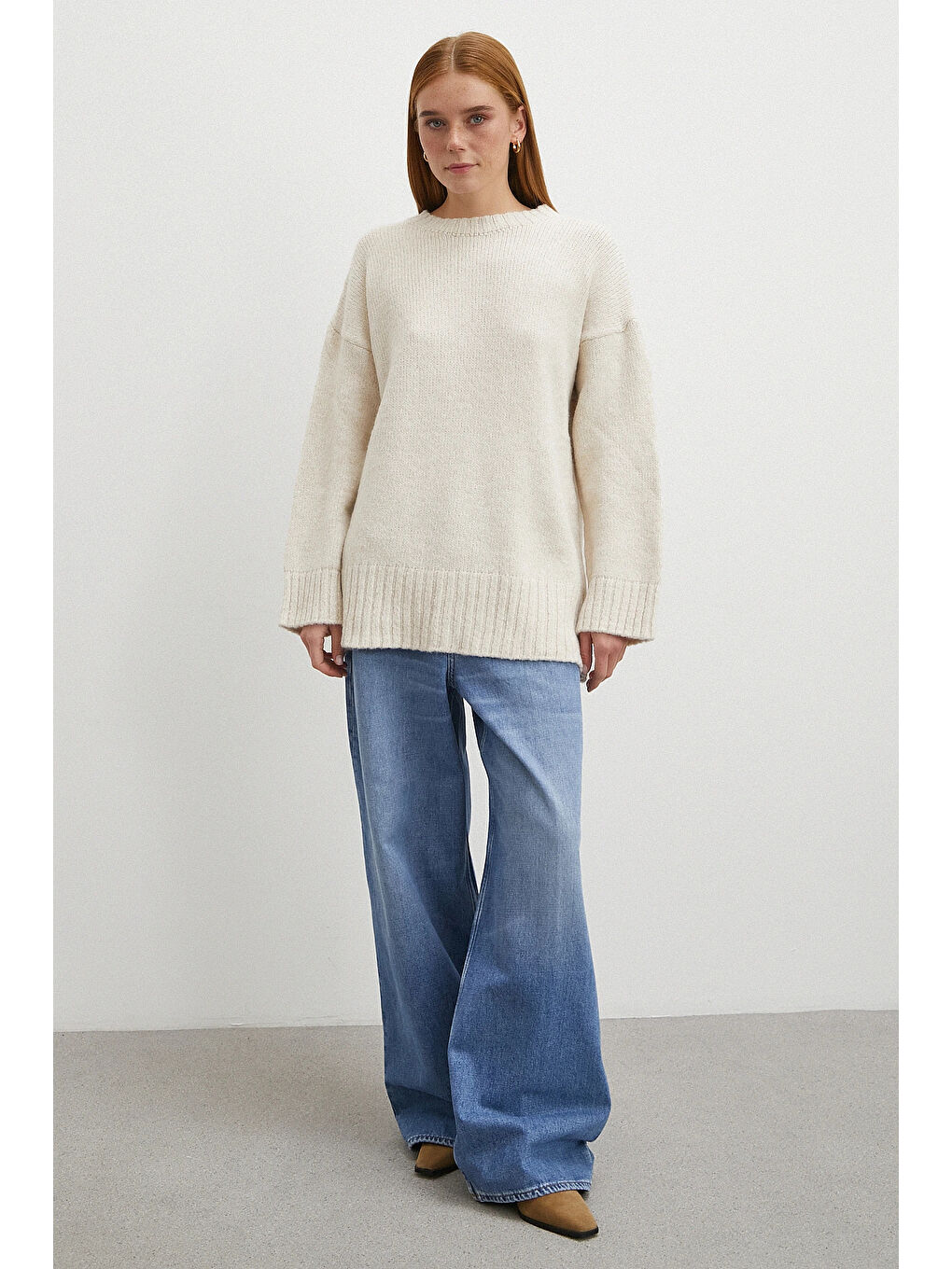 Bisiklet Yaka Fitilli Triko Kazak Ekru-1