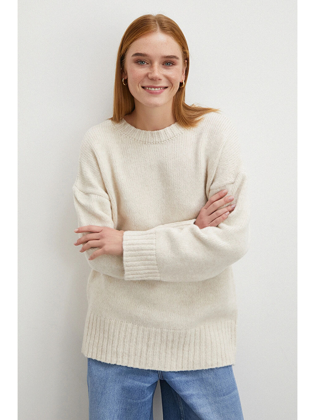 Bisiklet Yaka Fitilli Triko Kazak Ekru-2