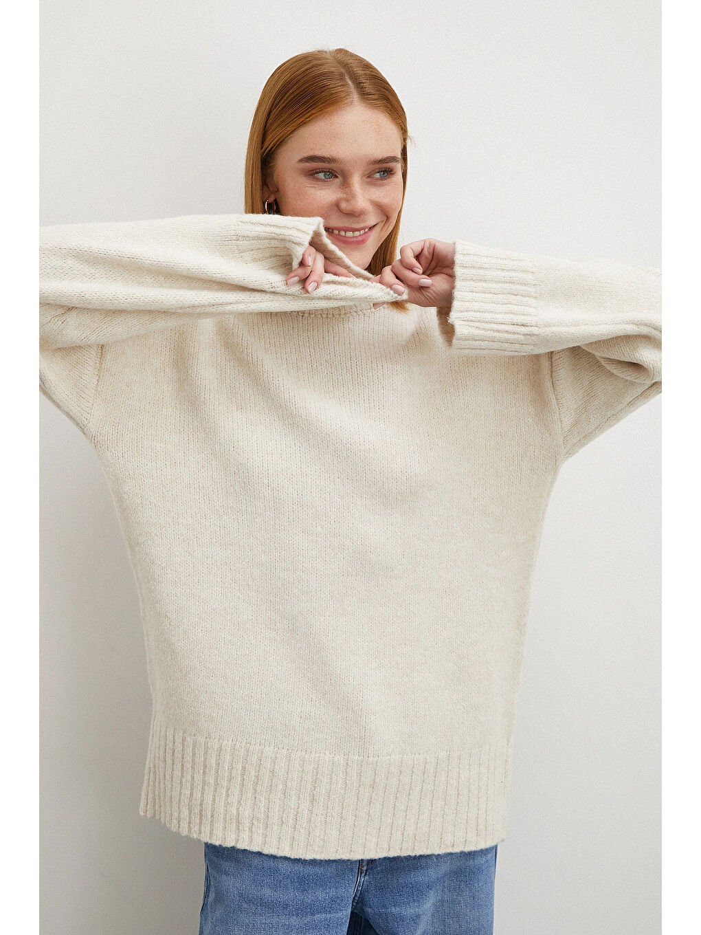 Bisiklet Yaka Fitilli Triko Kazak Ekru-3